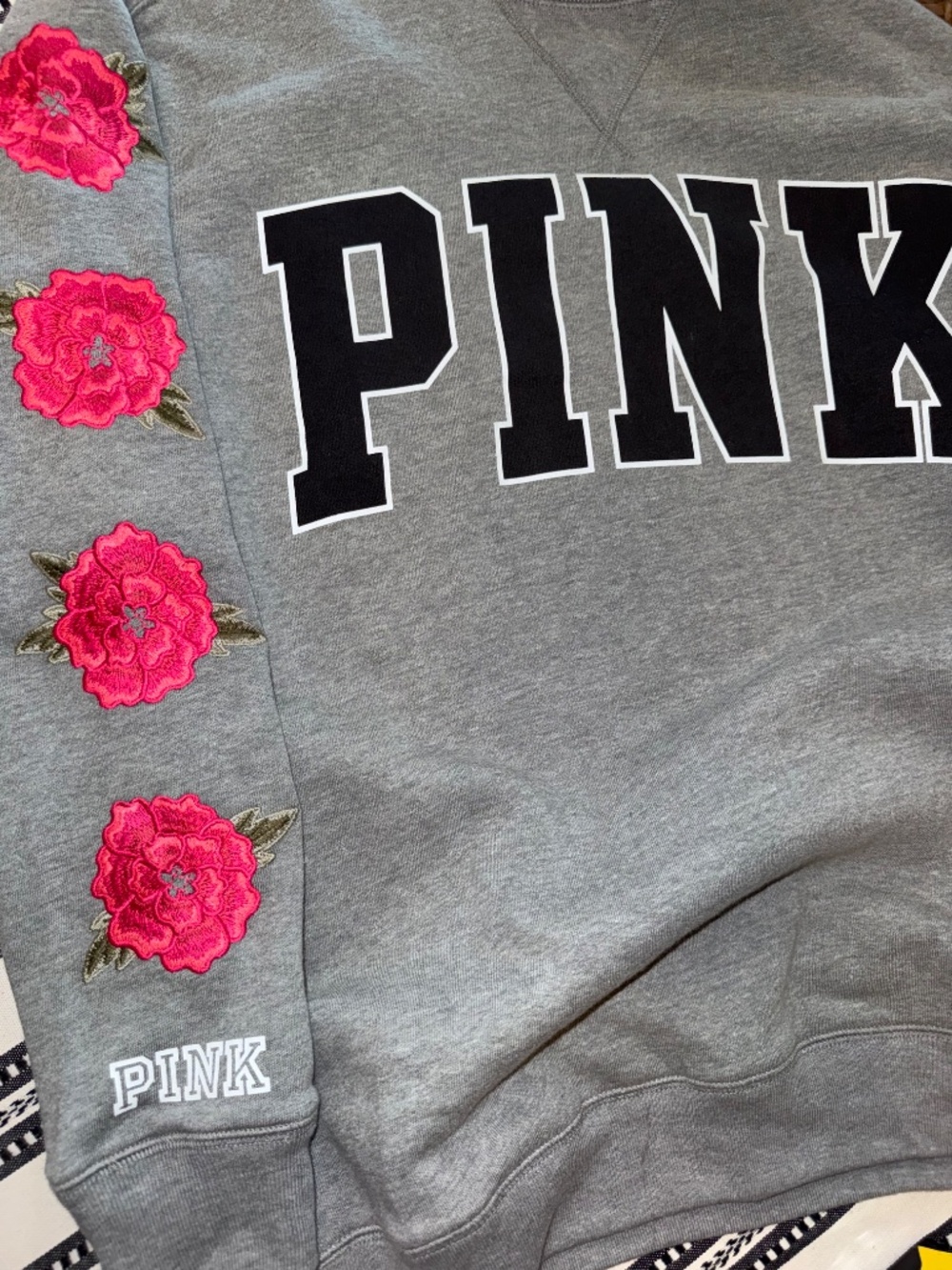 Victoria's Secret PINK Grey with Pink Embroidered Crewneck Sweatshirt, Small - Picture 4 of 5